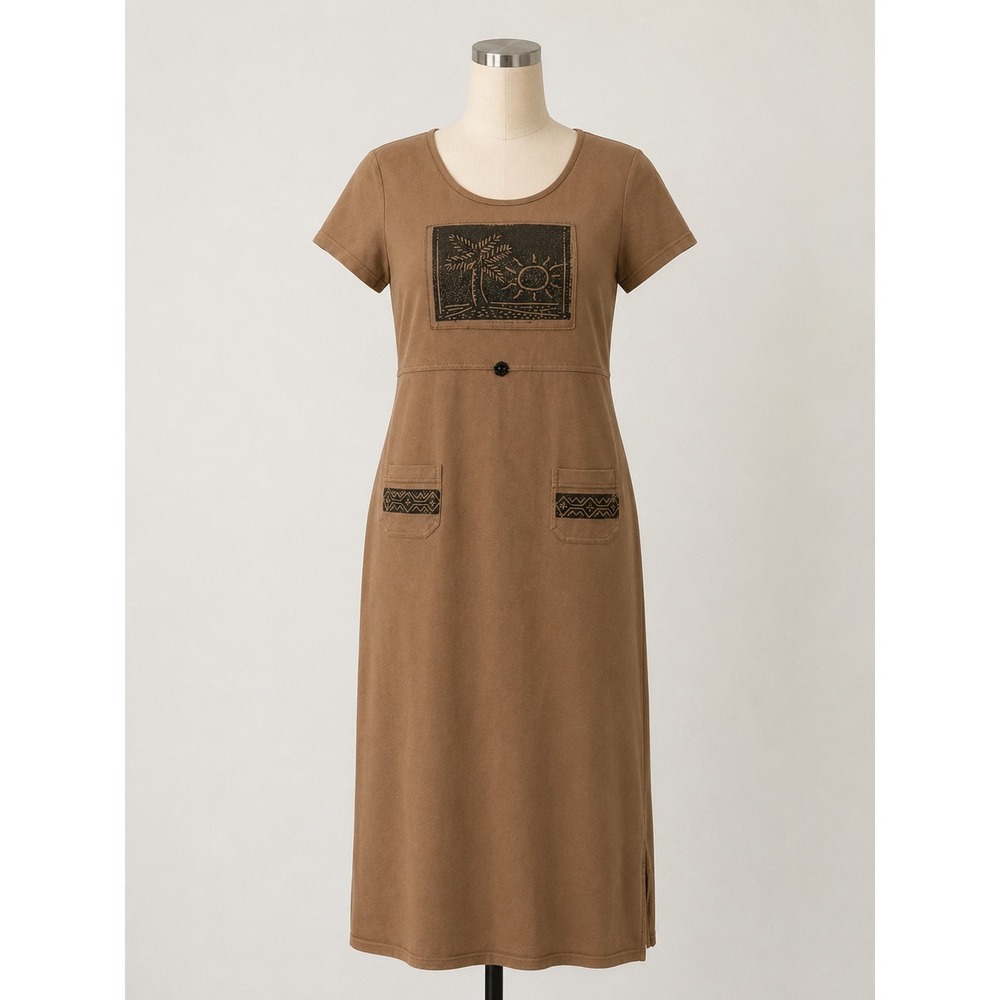 Piccalino Petites Womens Brown Cotton Palm Tree Print Midi Dress Pockets Small P